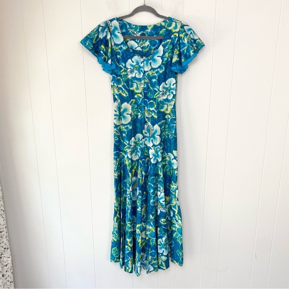 Vintage Lauhala Hawaii Dress Hibiscus Maxi Ruffle Sleeve Zip Back Size XS? Blue - Picture 2 of 16